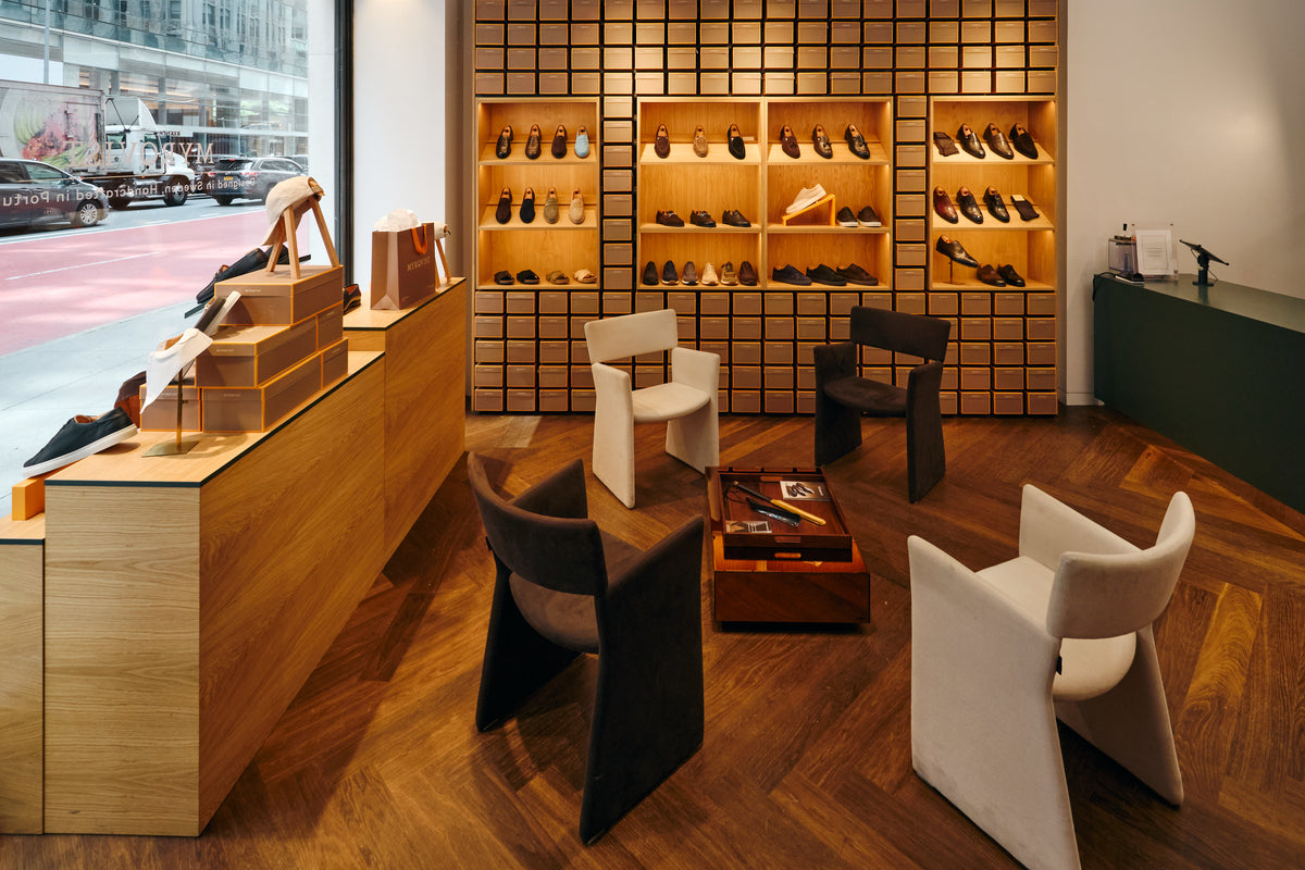 Seating area and shoe wall in the Myrqvist New York store