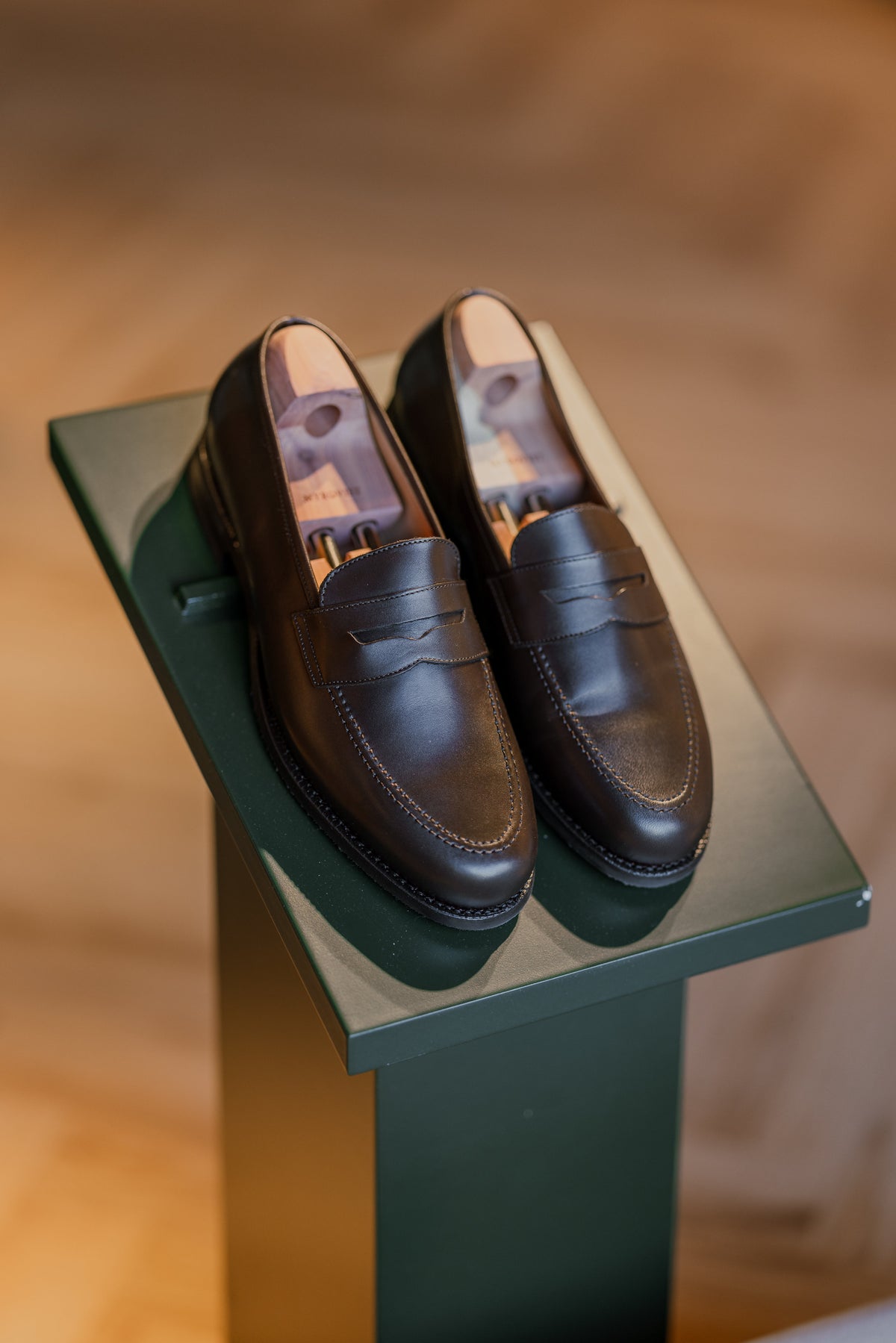 Myrqvist penny loafers on a display plinth in the Oslo store