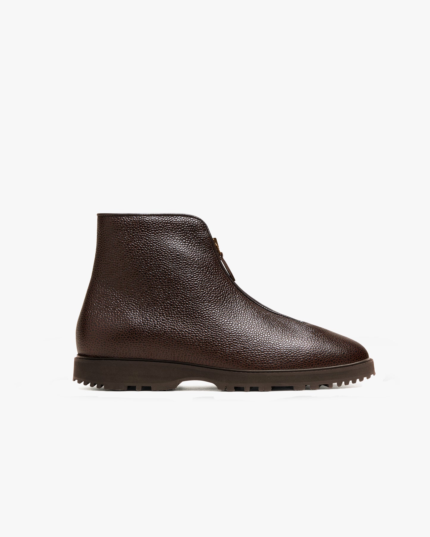 Side profile of Funäs – Dark Brown Country Calf, showcasing its textured leather, zipper closure, and robust Explorer sole.