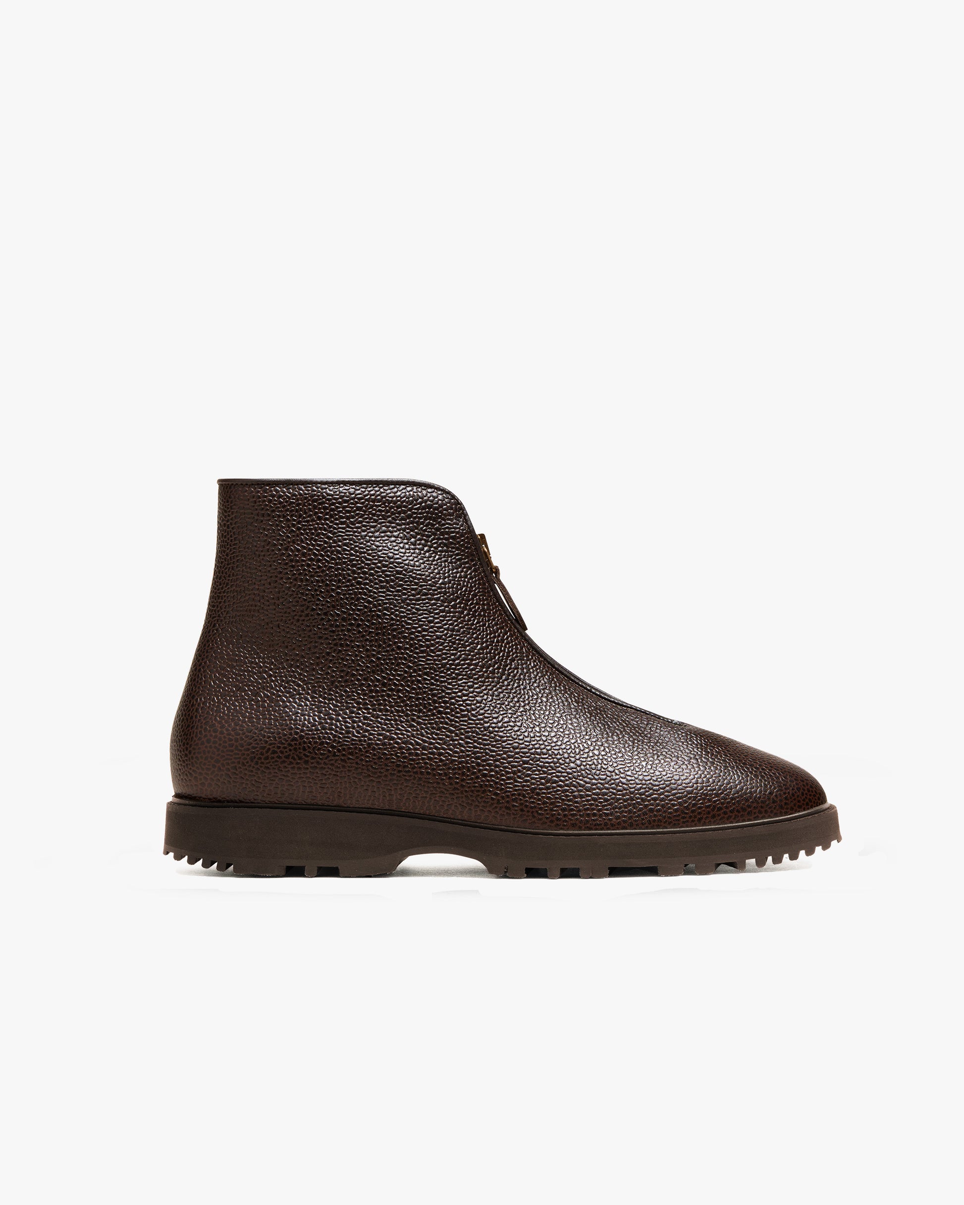 Side profile of Funäs – Dark Brown Country Calf, showcasing its textured leather, zipper closure, and robust Explorer sole.