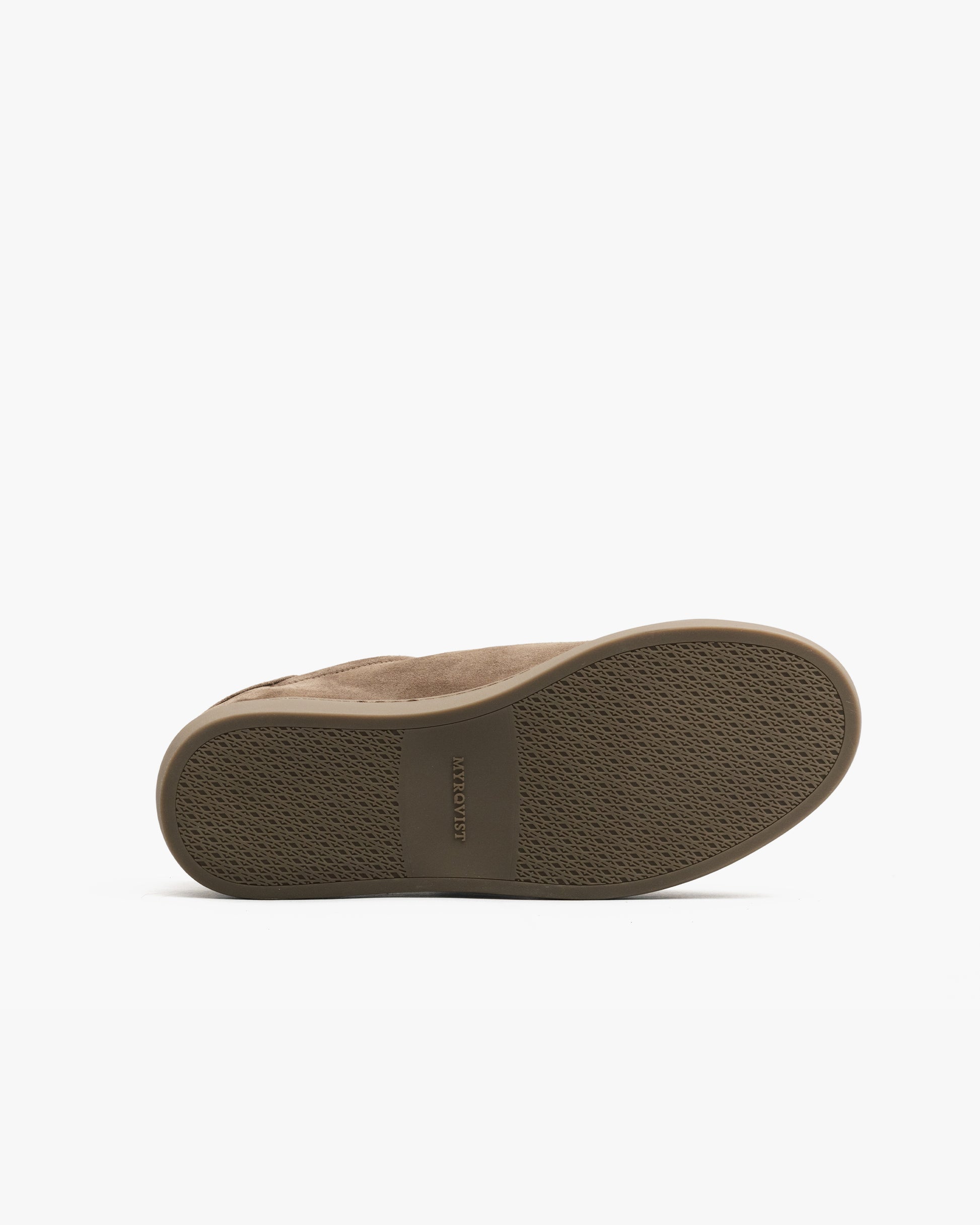Alnö Monochrome II in taupe suede shown from the sole, featuring a textured, color-matched rubber outsole with MYRQVIST branding for grip and a cohesive monochrome look.