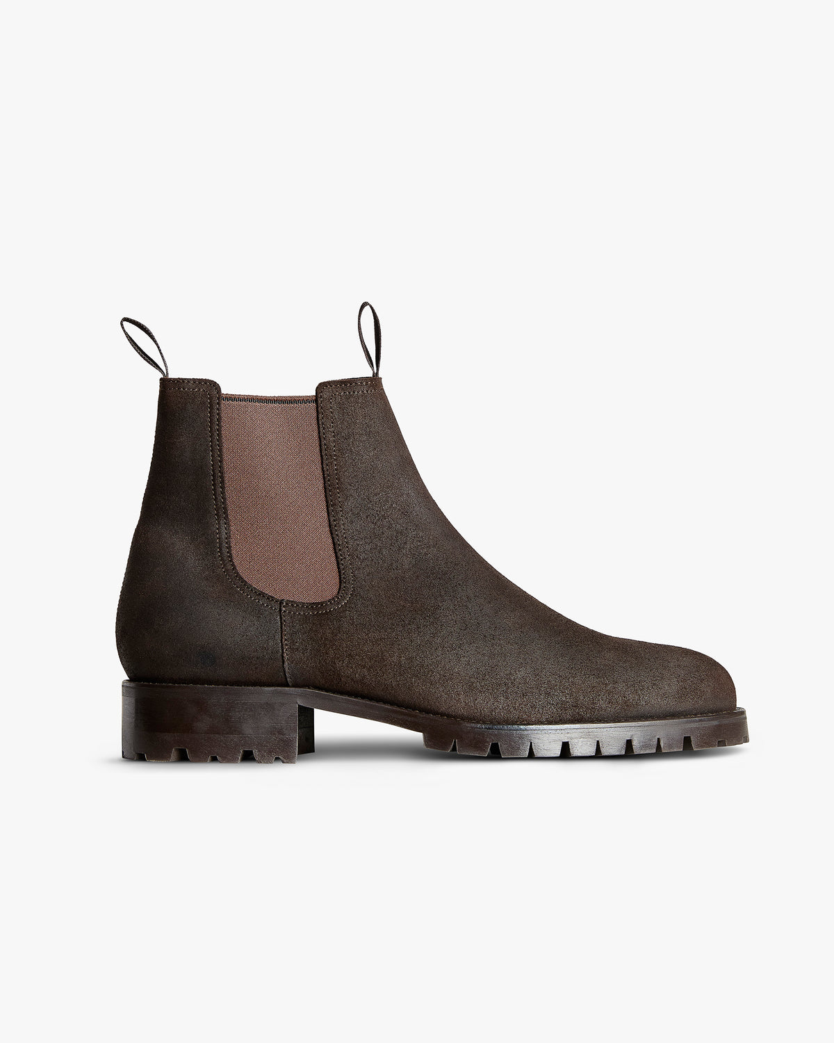Elfvik II – Brown Waxed Suede in side profile, highlighting its classic chelsea boot silhouette and chunky lug sole.