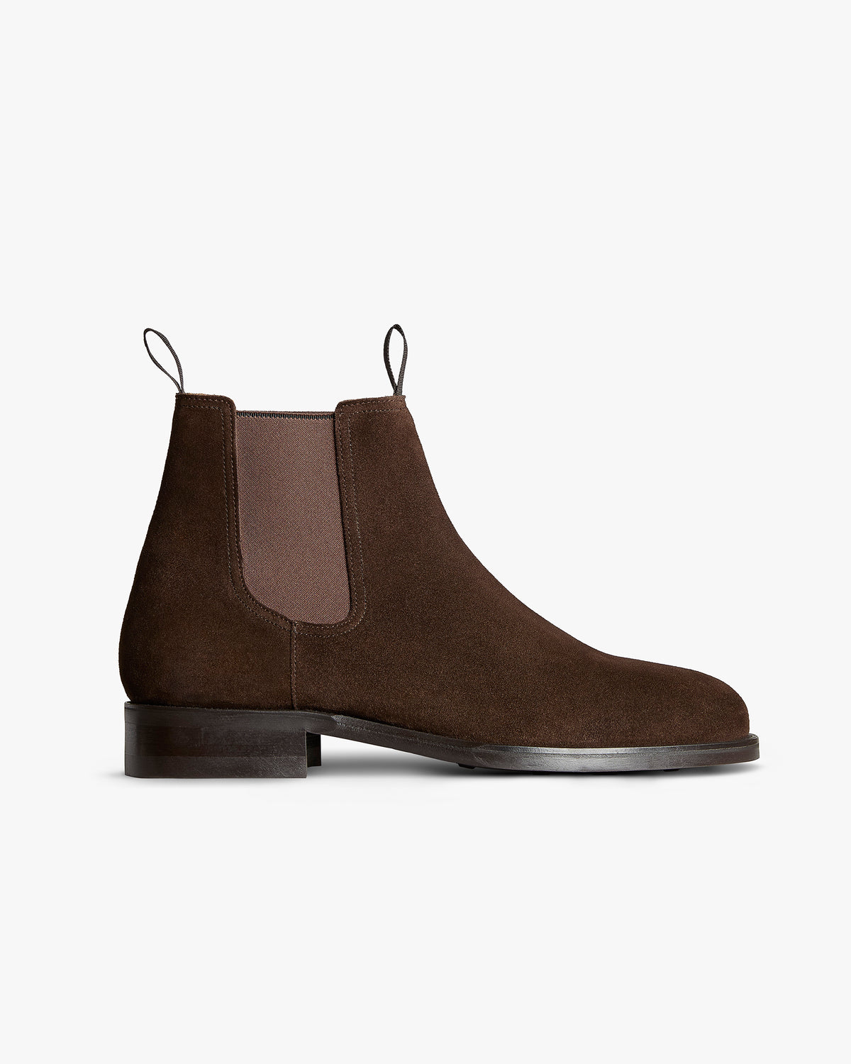 Elfvik II – Dark Brown Suede Chelsea boot shown in a side profile.
