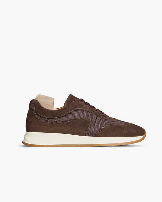 Stensund II – Dark Brown Suede sneaker shown in side profile with a white sole and mesh detailing.