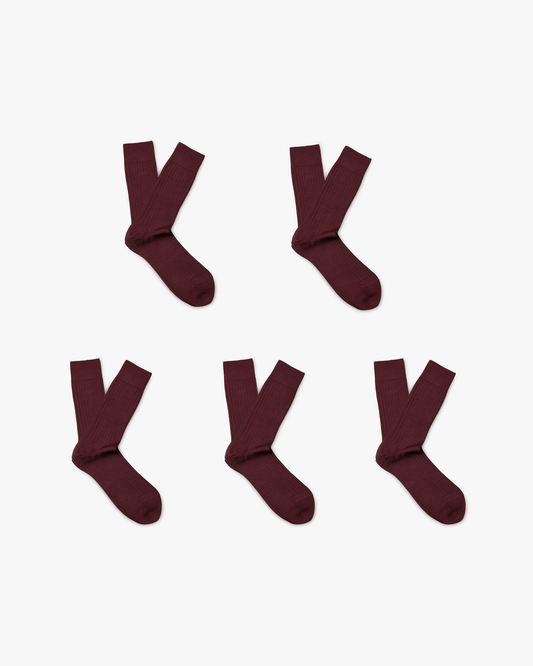 The Ludvig – Merino Wool Socks 5-pack in burgundy, with five pairs arranged against a plain white background.